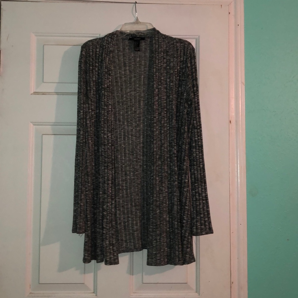 grey white and black cardigan